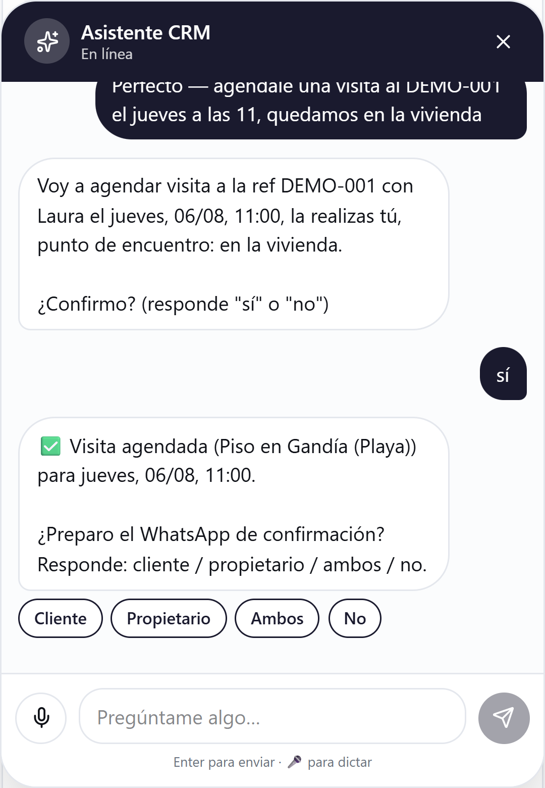Captura real del chat: la visita queda agendada y el asistente ofrece preparar el WhatsApp de confirmación para el cliente o el propietario