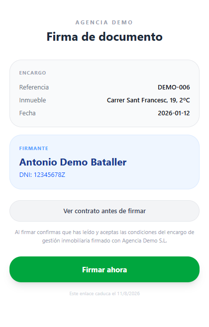 Captura real de la pantalla de firma en el móvil, con los datos del encargo y el botón Firmar ahora