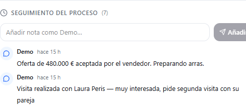 Captura real del seguimiento de una operación, con notas de la visita y de la oferta aceptada