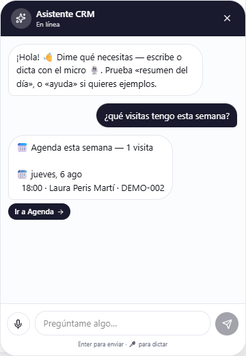 Captura real del asistente de Okevis respondiendo con la agenda de visitas de la semana