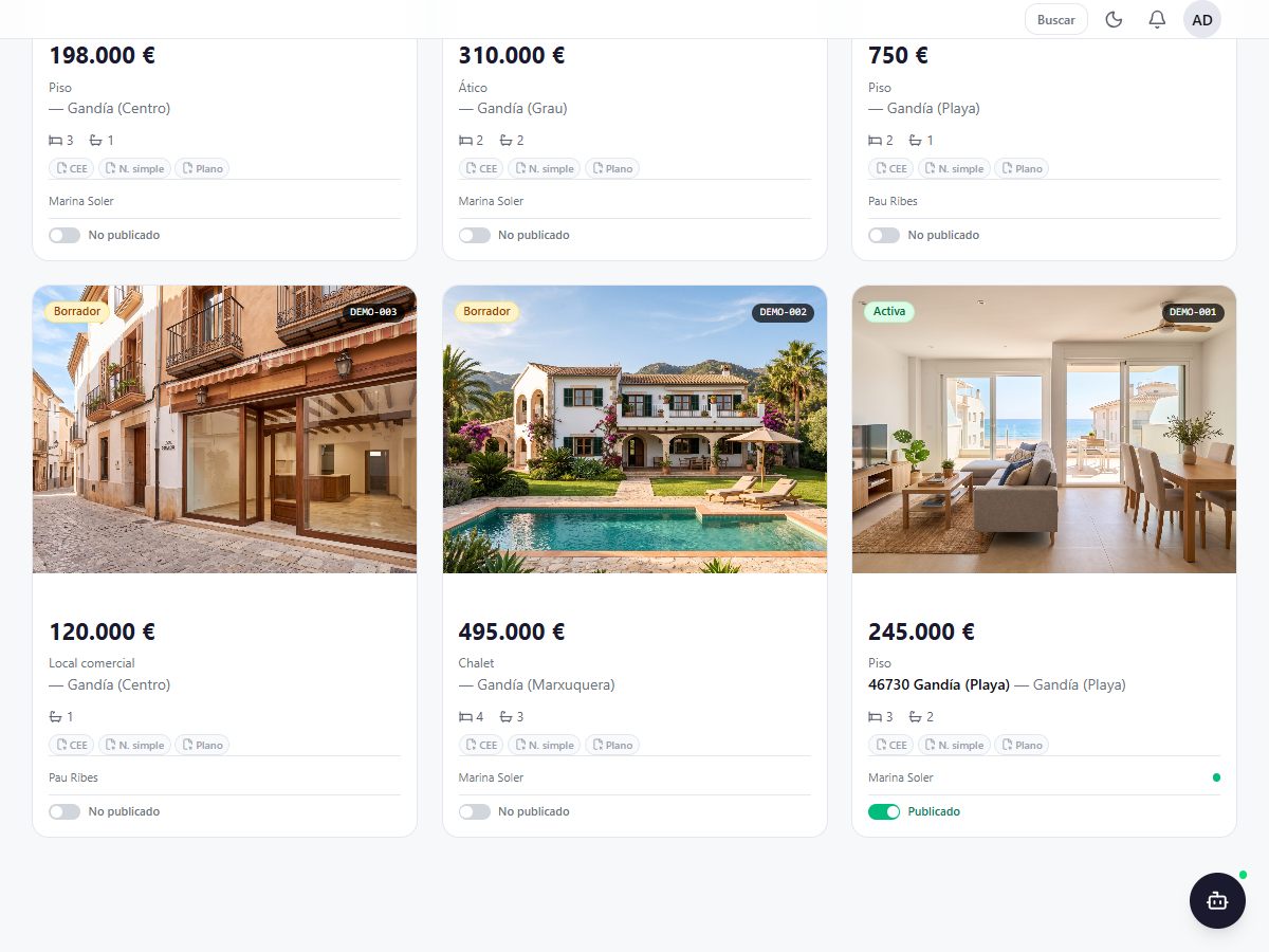 Captura real del listado de propiedades, con fotos reales y precio, tipo y zona de un vistazo